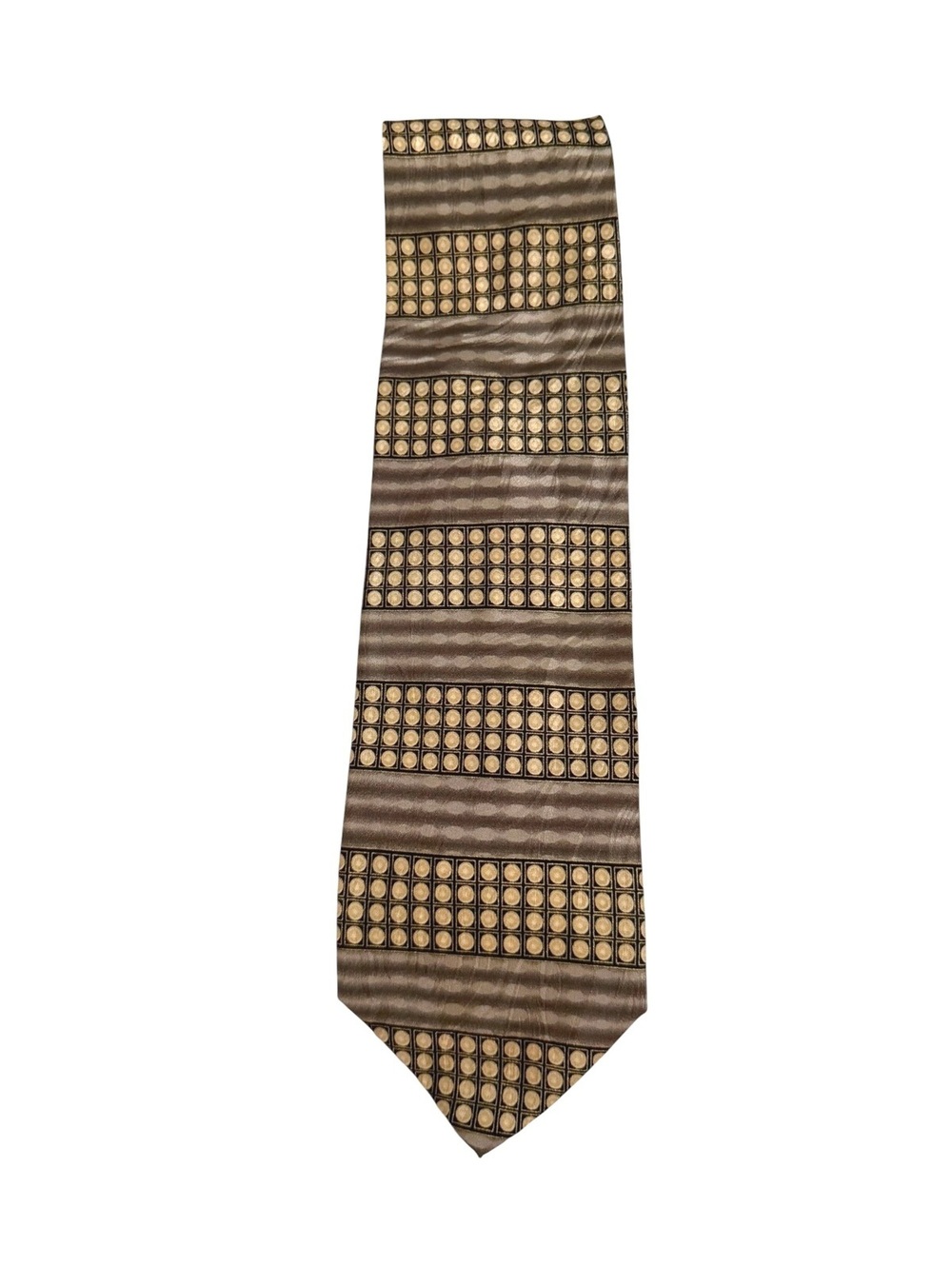 Imaggio Handmade 100% Silk Men's Tie - Brown and Gold Geometric Pattern